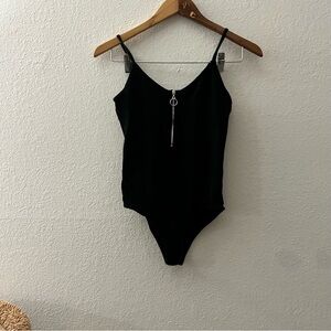 Ambiance Black Bodysuit with V-Neck and Zipper